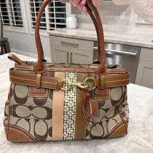 Coach Hampton Logo Stripe Carryall Satchel Handbag